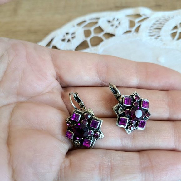 Large earrings with purple rhinestones. France. - Picture 3 of 4